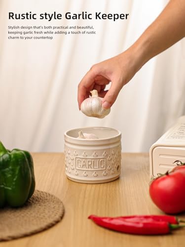 GDCZ Garlic Keeper with Lid, Ceramic Garlic Holder, 4.3 Inch (White)