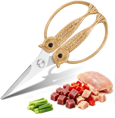 XSNBRD All Purpose Kitchen Scissors, Pearl Gold Stainless Owl Shears.