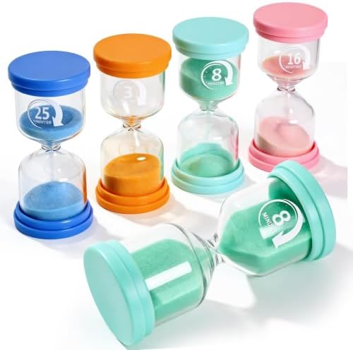 PROLOSO Sand Timers Set 4 Pcs Colorful Hourglass 3 Mins / 8 Mins / 16 Mins / 25 Mins Sandglass Glow in the Dark Sand Clock for Classroom Home Office