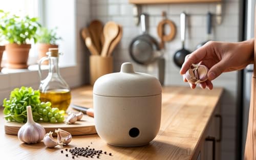 Ceramic Garlic Keeper,Garlic Storage with Lid,Garlic Holder,Beige,Small