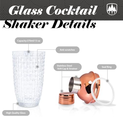 Glass Cocktail Shaker Set with Built-in Strainer - 14 ounces Margarita & Martini Mixer Bartender Tools for Whiskey, Coffee, Beverages, Durable Crystal clear Shaker Cup for Party, Home Bar & Gifts