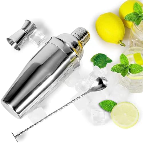 24oz Cocktail Shaker Set, Bartender Kit with Martini Shaker + Bar Spoon + Jigger, 304 Stainless Steel Drink Mixer Cocktail Kit with Built-in Strainer for Margarita Bartender Alcohol Gifts