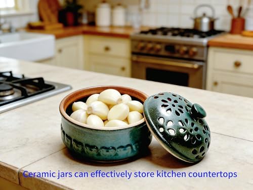 WF Ceramic Garlic Storage Jar, Chinese ceramic jewelry box, with Lid Storage Container, Porcelain Garlic Keeper for Kitchen Countertop, Blue 3"