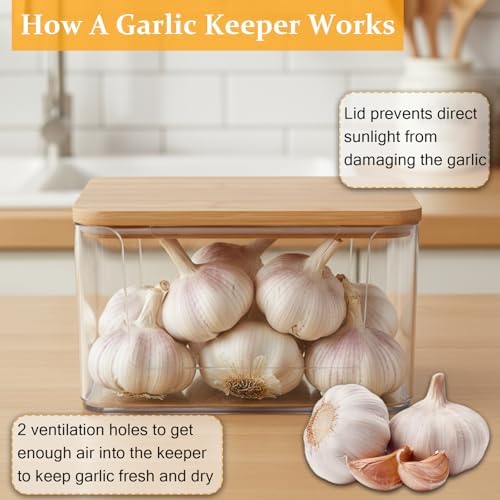 Garlic Keeper for Counter, Garlic Holder Countertop with Bamboo Lid, Garlics Storage Container to Keep Your Garlics Cloves Fresh Longer, Kitchen Accessories, Clear