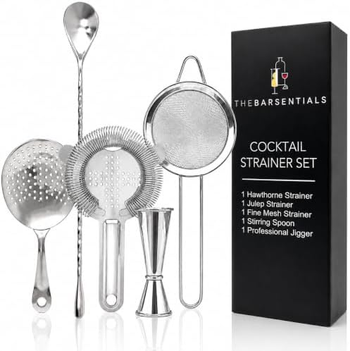 Cocktail Strainer Set Stainless Steel Bar Tools with Stirring Spoon - Hawthorne, Julep, Fine-Mesh and Jigger for Drinks