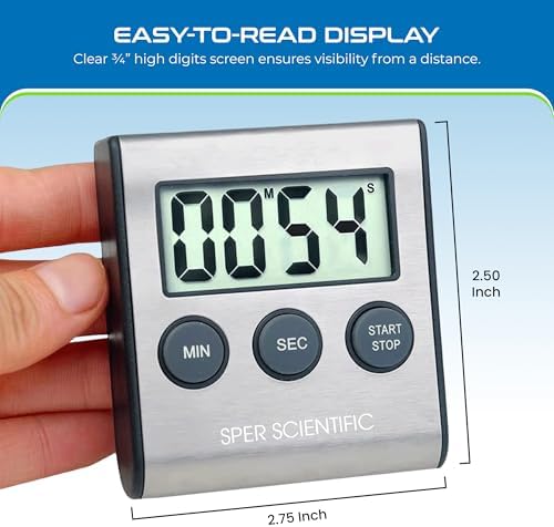 Sper Scientific Stainless Steel Digital Lab + Kitchen Timer 810028A – Compact Design Timer with Large Display & Loud Alarm - for Cooking, Baking, Labs, Workouts & More - 4 pc