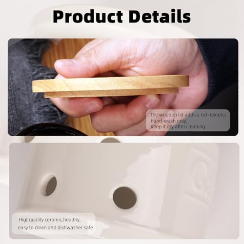 ONTUBE Ceramic Garlic Keeper with Wooden Lid 4-Inch,Garlic Holder (White)