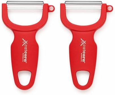 CatCora Swiss-Style Peeler, Professional German Tempered Stainless Steel Blade For Peeling Fruits and Vegetables and Garnishing, Ergonomic Contoured Handle, Red, Set of 2