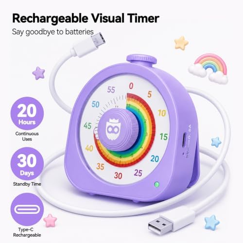 Visual Timer for Kids, Rechargeable Rainbow 60-Min/12-Hour Switchable Countdown Timer, Magnetic Timer with Pomodoro Mode, ADHD Time Management Tool for Classroom,Home with Silent Operation, Purple