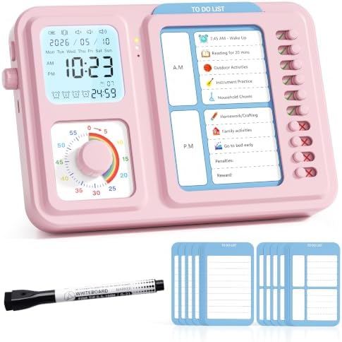 3-in-1 Visual Timer for Kids, Chore Chart for Kids, Visual Schedule（Pink）
