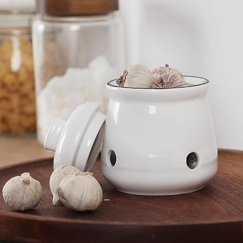 Ceramic Mini Garlic Keeper with Lid, Garlic Container Saver for Countertop, Keep Your Garlic Cloves Fresh (White)