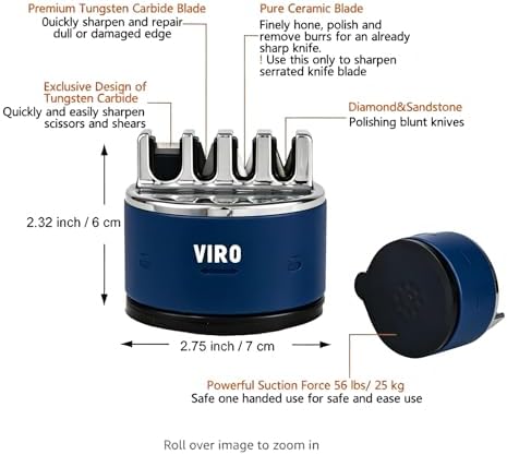 VIRO Compact Suction Kitchen Chef Knife Scissors Sharpener for Straight & Serrated Knives, 4-Stage Knife Sharpening Tool Helps Repair and Restore Blades, Blue