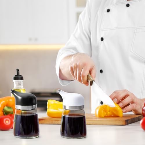 2 Pcs Cruet Dispenser Set 5 oz, White and Black Glass Soy Sauce Dispenser, Small Olive Oil and Vinegar Bottles, Soy Sauce Bottle, Non Drip Spout Cruet Bottle for Kitchen Cooking