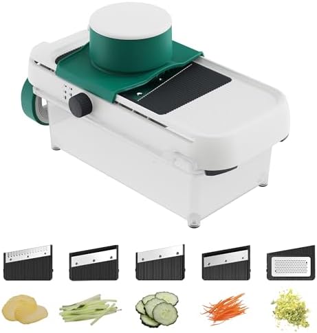 linoroso Adjustable Mandoline Food Slicer 5 in 1, Mandoline Slicer for Kitchen with Container, Vegetable Chopper Shredder Wave Cutter for Potato, Carrot, Zucchini, Grindder for Cheese Lemon
