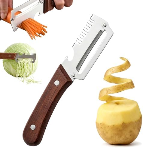3 in 1 Multifunctional Vegetable Peeler with Julienne & Bottle Opener, German High-Carbon Stainless Steel Blade, Ergonomic Non-Slip Wooden Handle, Handheld Peeler Slicer for Fruits & Vegetables(1PCS)