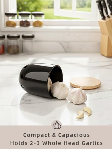 LEETOYI Ceramic Garlic Keeper for Counter, Garlic Holder with Wood Lid (Black)