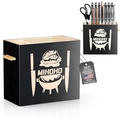 Wood Universal Knife Block with Slots, Wood Knife Holder/Knife Organizer, Unique Knife Storage for Counter Top with Anti-Slip Base (Black D)