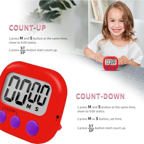 6 Pack Small Digital Kitchen Timer Magnetic Back and ON/Off Switch,Minute Second Count Up Countdown (Red)