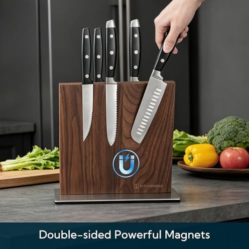 KITCHENDAO Black Walnut Magnetic Knife Block, Double-sided Magnetic Knife Holder Without Knives, Strong Magnet Knife Stand for Kitchen Countertop, Weighted Non-Slip Base