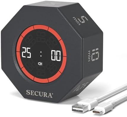Secura Pomodoro Timer with 5/10/15/20/25/50/90 Min Presets, 3 Level Volume