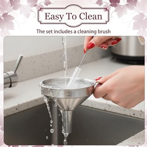 9 Pack Stainless Steel Kitchen Funnel Set, Including 5 Sizes of Kitchen Funnels with Handle, 2 Removable Strainers, 200 Mesh Food Filter, and 1 Cleaning Brush, for Transferring Liquid Filling Bottles