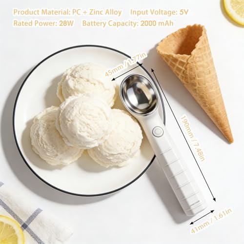 Heated Ice Cream Scoop Rechargeable Ice Cream Scooper with ON/OFF Safety Switch, Ergonomic Nonstick Grip Handle for Gelato, Sorbet, Cookie Dough, Melon, Frozen Yogurt & More (White)