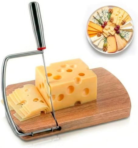 Manual Cheese Slicer for Block Cheese with Stainless Steel Blade & Locking Design - Multipurpose Wood Cheese Cutter Board 8.35x9.17x0.94 in for Slicing Butter, Vegetables, Fruits, Snacks & Deli Foods