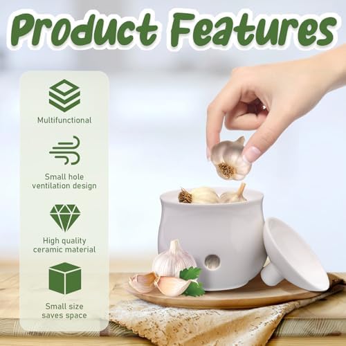 Small Garlic Keeper for Counter, Ceramic Garlic Holder Storage Jar with Lid