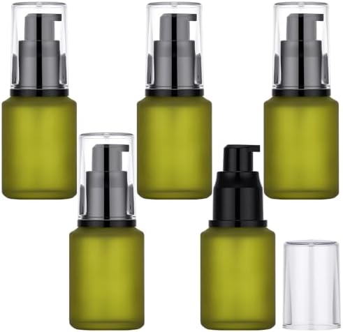 Segbeauty 1oz Frosted Glass Empty Travel Size Containers for Creams, 5pcs Refillable Lotion Pump Bottle Dispenser, 30ml Small Liquid Travel Containers, Green Mini Lotion Container Pump Dispensers