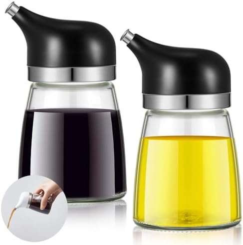 2 Pcs Cruet Dispenser Set 5 oz, Black Glass Soy Sauce Dispenser, Small Olive Oil and Vinegar Bottles, Soy Sauce Bottle, Non Drip Spout Cruet Bottle Container for Kitchen Cooking