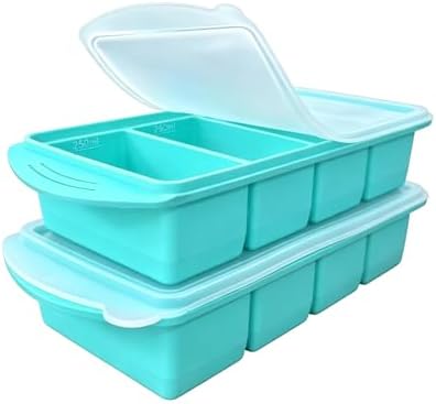Silicone Freezer Trays with Lid for Food- 4 Large 1-Cup (250ml) 2 Pack, Ice Cube Tray Easy Release and Food Storage, Freezer Molds for Meal Prepping, Soup, Sauces, Stews and Leftovers