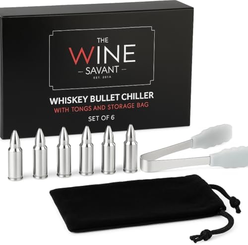 Bullet Whiskey Chillers Stones - Whiskey Rocks by The Wine Savant Set of 6 - Stainless Steel Bullet Shaped Ice Cubes, Gift Box Come, Tongs and Storage Bag, Whiskey or Scotch Rocks (Silver)
