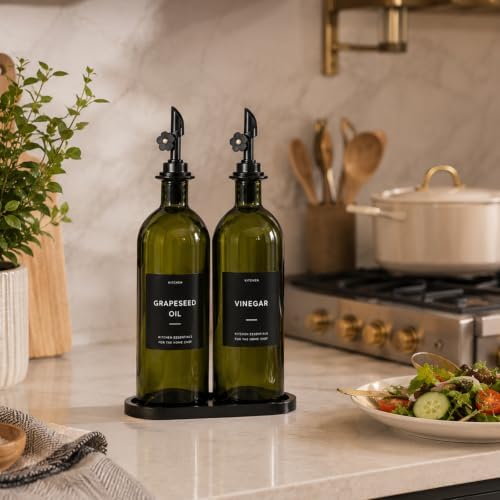 Olive Oil Dispenser for Kitchen, 2-Pack 16oz Glass Bottle with Black Labels