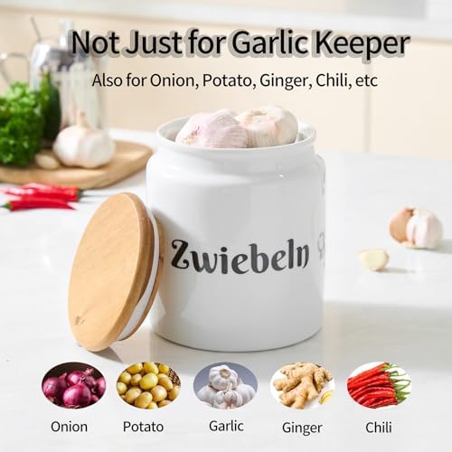 Large Ceramic Garlic Keeper, Garlic Holder Storage with Wooden Lid