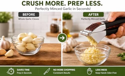 HOMFTY Garlic Press Set – Heavy Duty Stainless Steel Garlic Mincer & Crusher with Silicone Peeler, Ginger Press & Cleaning Brush – Large Chamber, Ergonomic Non-Slip Handle, No Peeling Needed