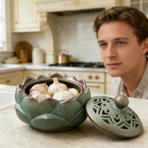 Ceramic Garlic Keeper With Lid Terracotta Holder For Counter