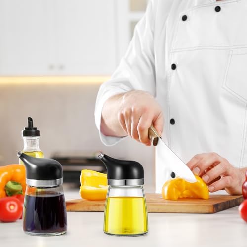2 Pcs Cruet Dispenser Set 5 oz, Black Glass Soy Sauce Dispenser, Small Olive Oil and Vinegar Bottles, Soy Sauce Bottle, Non Drip Spout Cruet Bottle Container for Kitchen Cooking