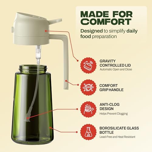 PORTENTUM Olive oil spray bottle for cooking 16oz/470ml 2 in 1 spray and pour function – Anti drip green glass bottle dispenser with light protection – Multilingual labels – Air fryer salads grilling