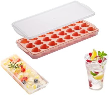 Heart-Shaped Ice Cube Trays With Lid and Bin- 24 Holes Silicone Fun Ice Cube Tray, BPA Free and Dishwasher Safe, Mini Cute Shape Ice Cube Mold, Easy to Remove With Lid (Pink)