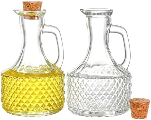 Frcctre 4 Pack Glass Oil and Vinegar Cruets Bottles, 13.5 Ounce Glass Olive Oil Dispenser Bottle with Handle and Cork, Soy Sauce Salad Dressing Syrup Liquid Dispenser for Kitchen