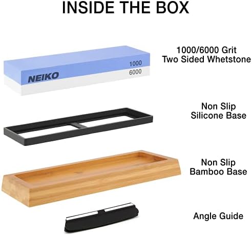 NEIKO 54002A Whetstone 1000/6000, Wet Stone Sharpening Kit, 2Sided, Highly Durable Corundum Water Stone, Angle Guide, Non-Slip Bamboo Base, Knife Sharpening Stone for Knives, Whetstone Knife Sharpener