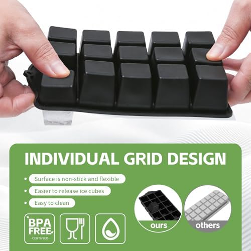 FANYITY Silicone Ice Cube Tray with Lid, Black, Pack of 4 Ice Cube Moulds, Silicone Mould, BPA-Free, Stackable Ice Cube Tray, Ice Cube Trays for Baby Porridge, Cocktail, Whiskey, Coffee