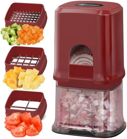 KEOUKE Multifunctional Vegetable Chopper Red - 3 Interchangeable Blades Potato French Fry Cutter with Container & Storage Box Food Chopper Dicer for Cucumber, Tomato, Carrot, Onion