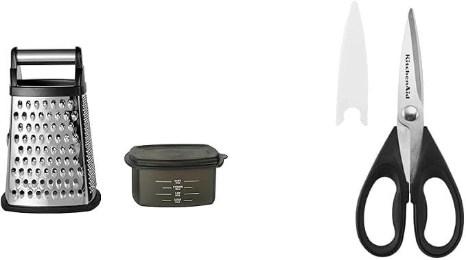 KitchenAid Gourmet 4-Sided Stainless Steel Box Grater with Detachable Storage Container, 10 inches tall, Black & All Purpose Shears with Protective Sheath, One Size, Black