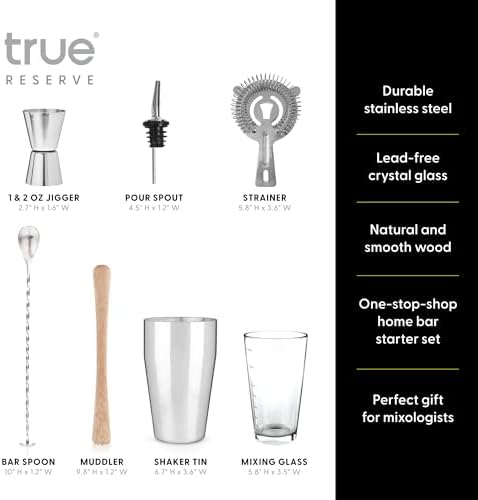 True Reserve 7-Piece Bartender Kit for Mixed Drinks and Cold Brew Cocktails, Includes Boston Shaker Tin, Mixing Glass, Jigger, Muddler, Strainer, Bar Spoon, Pour Spout, Home Bar Tools, Gift Set