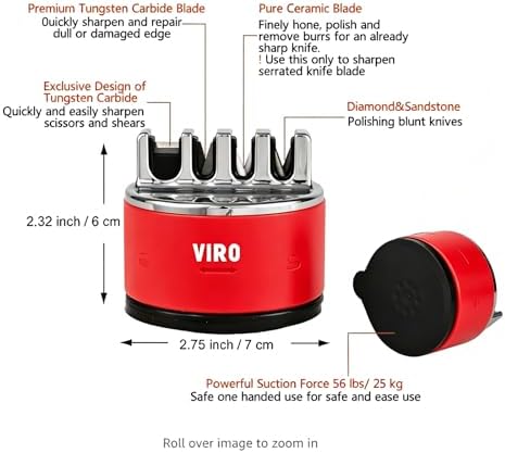 VIRO Compact Suction Kitchen Chef Knife and Scissors Sharpener for Straight and Serrated Knives, 4-Stage Knife Sharpening Tool Helps Repair and Restore Blades, Red