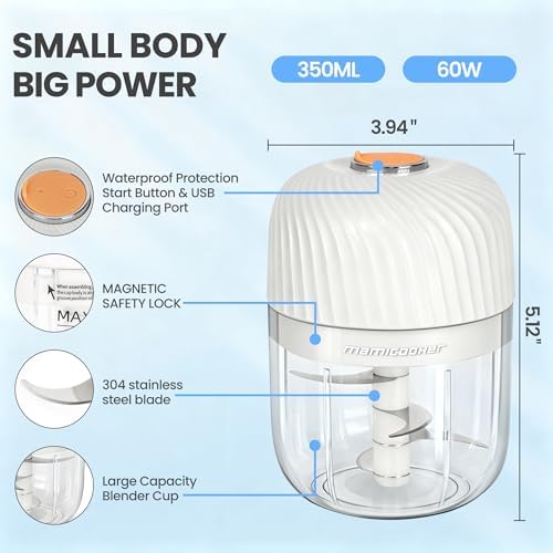 Electric Garlic Chopper 350ML, Mini USB Rechargeable Veggie Chopper, Cordless Garlic Mincer Onion Chopper Food Chopper for Ginger Chili Meat Sauce, Wireless Food Processor, White