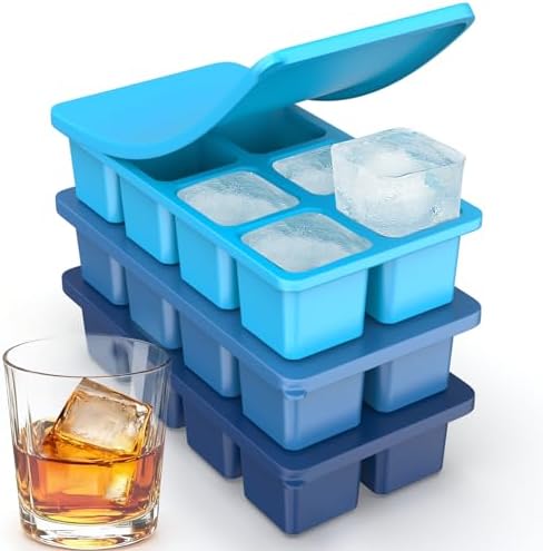 Large Silicone Ice Cube Trays with Lids, ZDPMK 3 Pack Large Ice Cube Molds for Whiskey, Easy-Release 2 Inch Square Big Ice Cube Molds for Freezer, Cocktails, Iced Coffee, Dishwasher-Safe