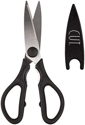 Rae Dunn Kitchen Scissors- Stainless Steel Kitchen Shears, Cooking Scissors for Cutting Meat, Chicken, Herbs and Produce with Blade Cover and Soft Grip Handles (Black)