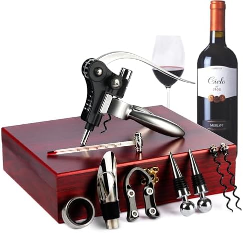 9-Pieces Corkscrew Wine Opener Set, Stainless Steel Cork Screw Rabbit Wine Bottle Opener Kit Including Foil Cutter, Pourer, Vacuum Wine Stopper Corkscrews etc, Ideal Wine Sets Gifts for Women & Men
